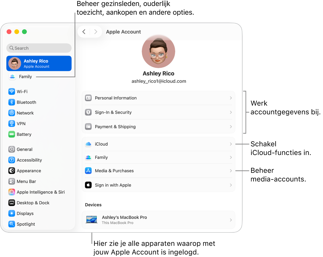 De instellingen voor 'Apple Account' in Systeeminstellingen, met bijschriften voor de opties waarmee je je accountgegevens bijwerkt, iCloud-functies in- of uitschakelt en media-accounts beheert. Verder de instellingen voor 'Gezin', waarmee je gezinsleden, ouderlijk toezicht, aankopen en andere opties beheert.