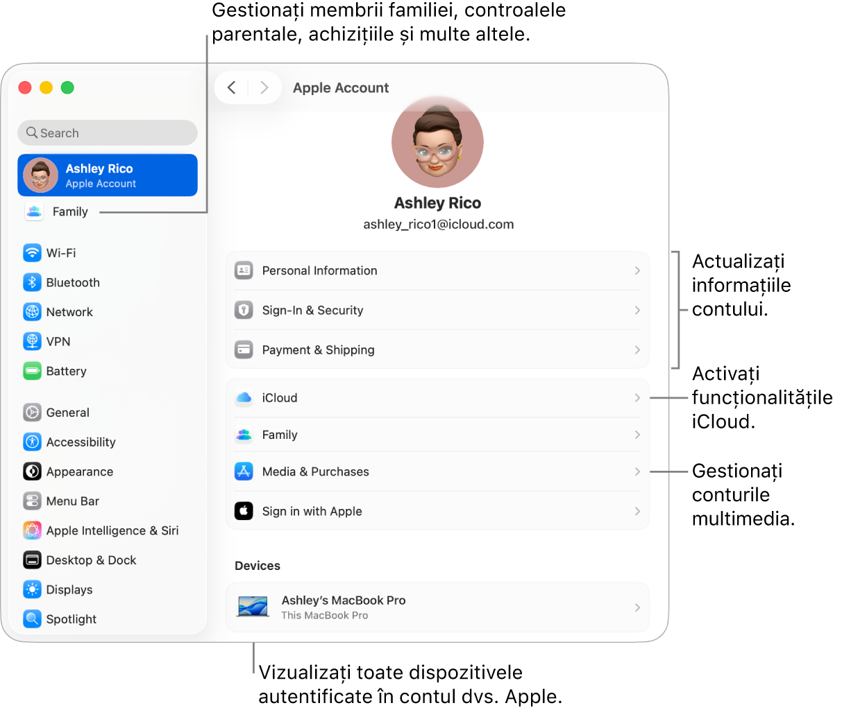 Configurările contului Apple din Configurări sistem cu explicații pentru actualizarea informațiilor contului dvs., activarea sau dezactivarea funcționalităților iCloud, gestionarea conturilor multimedia și ajustarea configurărilor Familie, unde puteți gestiona membrii familiei, controalele parentale, cumpărăturile și altele.