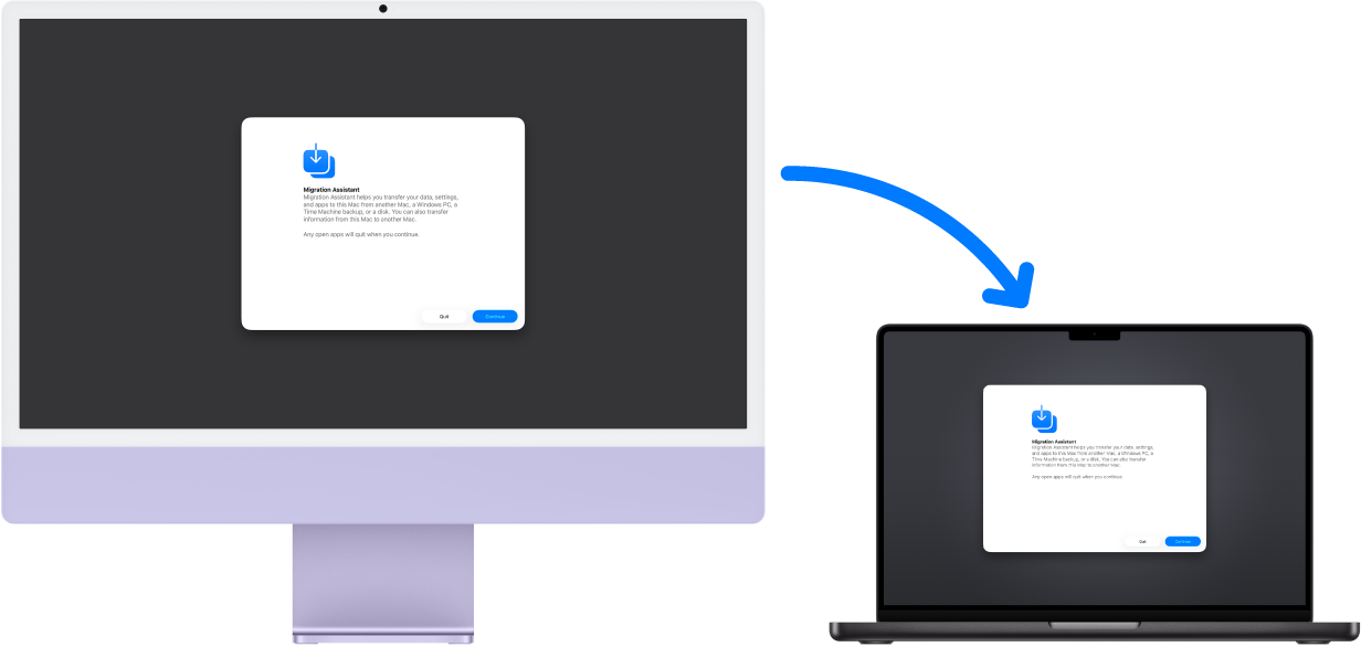 Un iMac și un MacBook Pro afișând fiecare ecranul Asistent de migrare. O săgeată de la iMac către MacBook Pro indică transferul de date de la unul la celălalt.