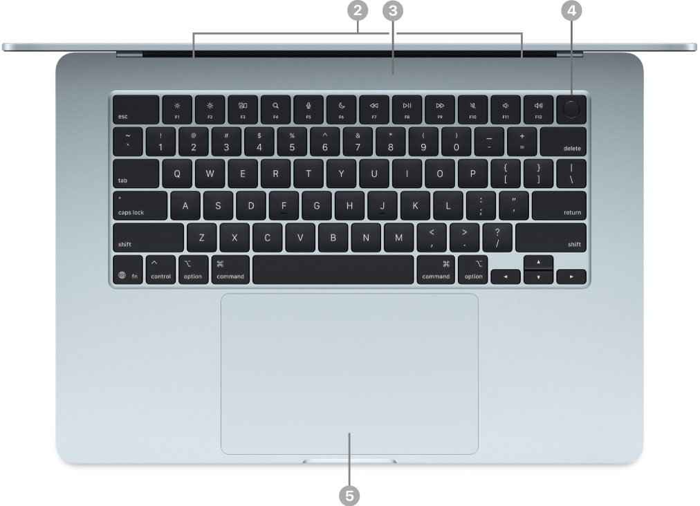 Draufsicht eines geöffneten MacBook Air mit Lautsprechern, Mikrofonen, Touch ID-Taste (Ein-/Ausschalter) und Force Touch-Trackpad.