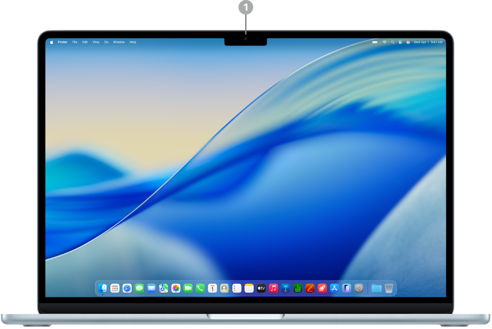 Vista frontal de una MacBook Air con la tapa abierta que muestra la cámara Center Stage de 12 MP.