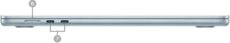 MagSafe 3 포트 및 두 개의 Thunderbolt 4(USB-C) 포트가 표시된 MacBook Air의 왼쪽 부분.