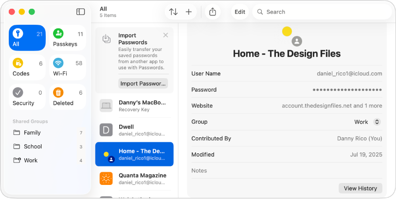 The main screen for the Passwords app, showing the types of passwords in the sidebar on the left (with All selected), a list of password accounts in the middle (with “Home - The Design Files” selected), and the details of the “Home - The Design Files” account on the right.