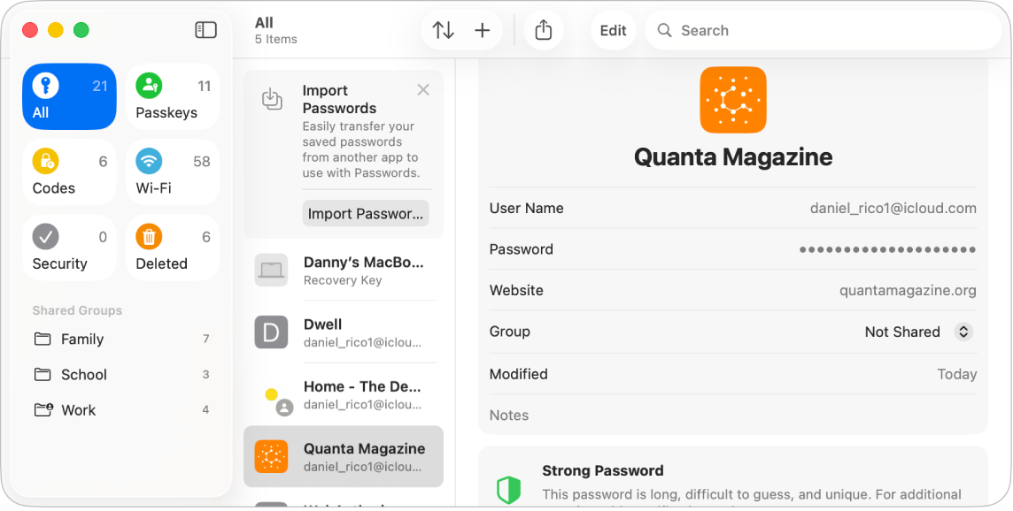 The main screen for the Passwords app, showing the types of passwords in the sidebar on the left (with All selected), a list of all password accounts in the middle (with Etsy selected) and the details of the Etsy account on the right.