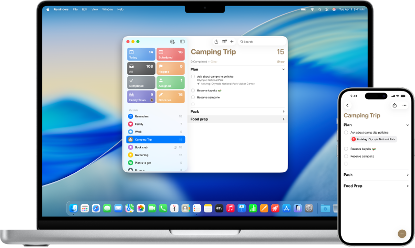 App Rappels sur Mac et iPhone qui affiche la même liste de rappels.