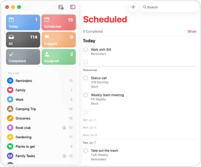 Une fenêtre de l’app Rappels affichant la liste intelligente Programmés avec des rappels programmés pour aujourd’hui, demain et le 7 janvier.