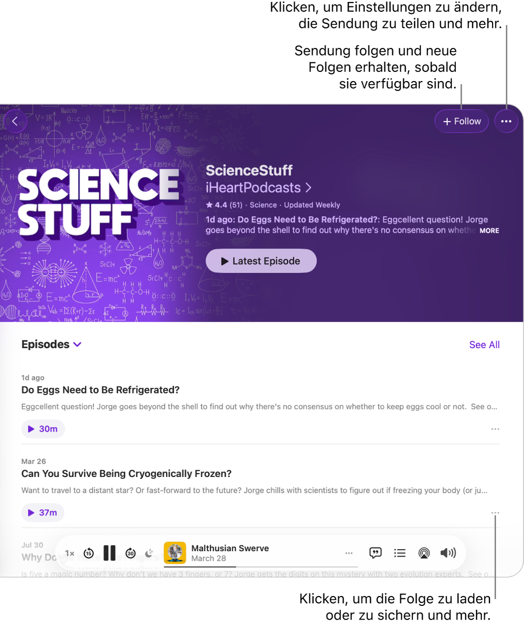 Eine Informationsseite für einen Podcast, die oben die Tasten „Folgen“ und „Mehr“ für die Sendung anzeigt. Unten auf der Seite befindet sich eine Folgenübersicht und die Taste „Mehr“ für die Folge.