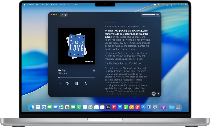 The Apple Podcasts app on a Mac, showing the transcript for an episode. Highlighted words indicate what’s currently being said in the podcast.