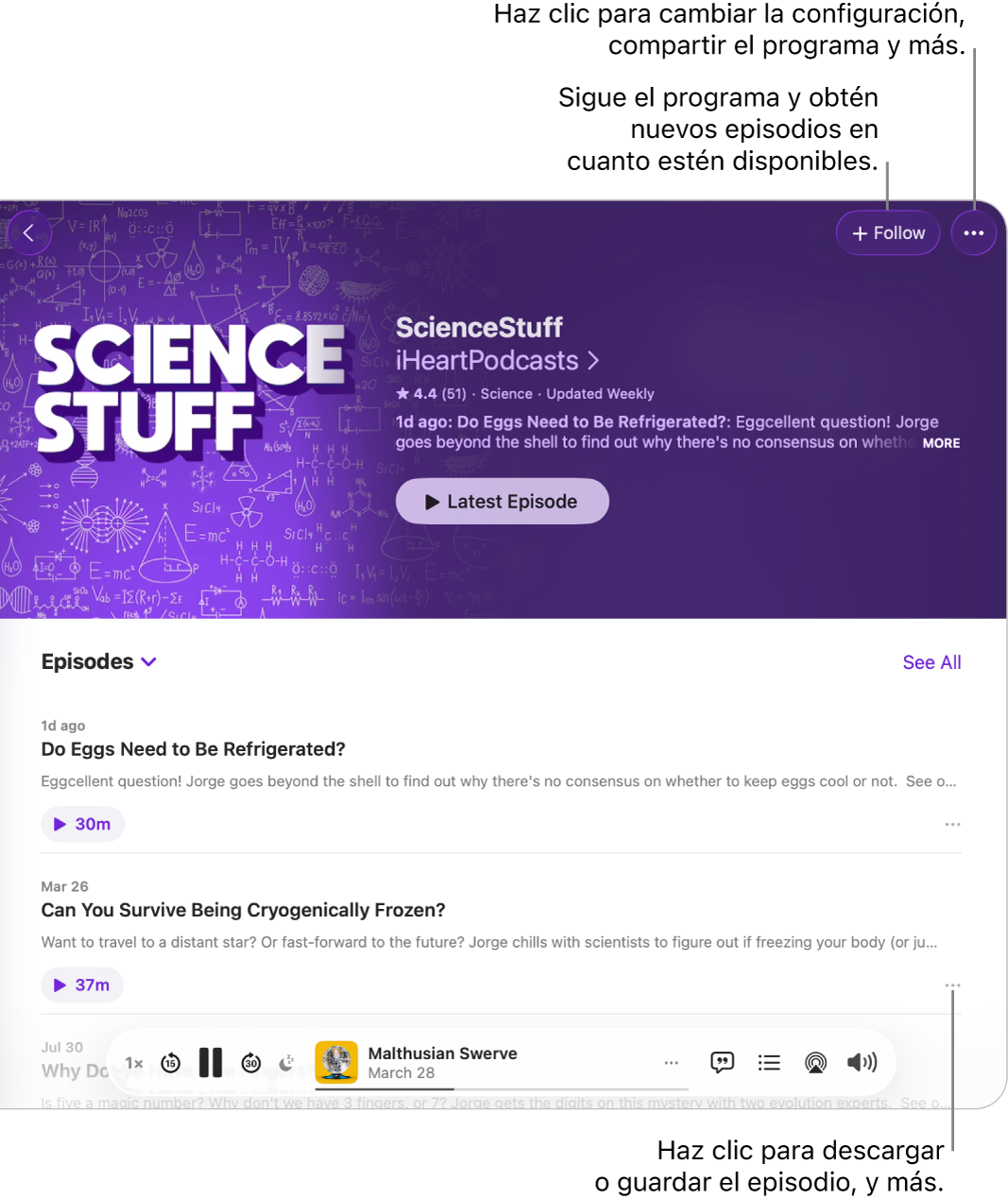 Una página de información de un podcast que muestra los botones Seguir y Más del programa en la parte superior. En la parte inferior de la página hay un resumen del episodio y el botón Más del episodio.
