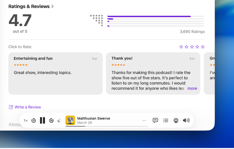 Het gedeelte 'Beoordelingen en recensies' voor een programma in de Podcasts-app, met het gedeelte om sterren te kiezen om een beoordeling te geven en de optie 'Schrijf recensie'.