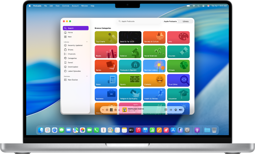 Het Apple Podcasts-venster met 'Zoek' gemarkeerd in de navigatiekolom en een lijst met podcastcategorieën.