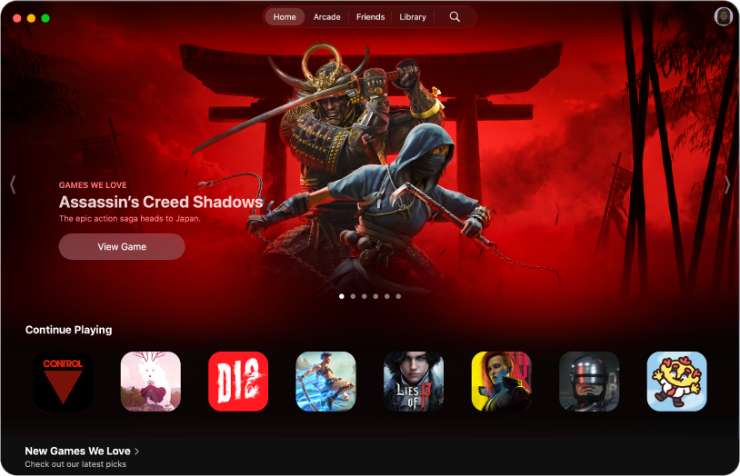 Die App „Spiele“ mit dem Tab „Startseite“. Auf dem Bildschirm werden Werbegrafiken für das Spiel „Assassin’s Creed Shadows“ mit dem Abschnitt „Weiterspielen“ angezeigt.