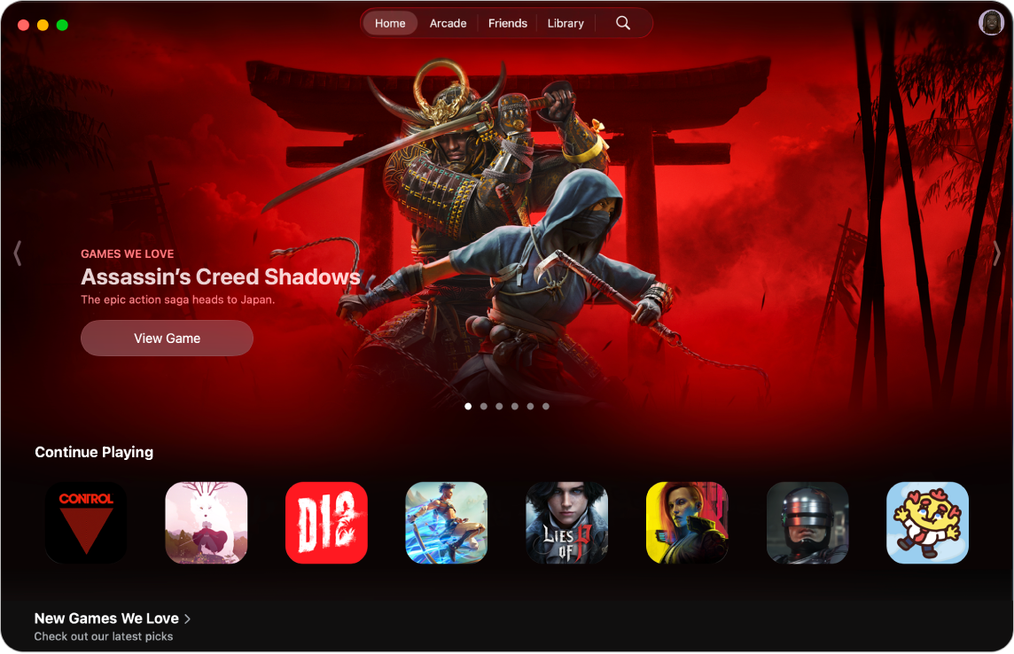 显示“主页”标签页的 Apple Games App。屏幕显示游戏《Assassin’s Creed Shadows》的宣传插图,并包含“继续游戏”部分。