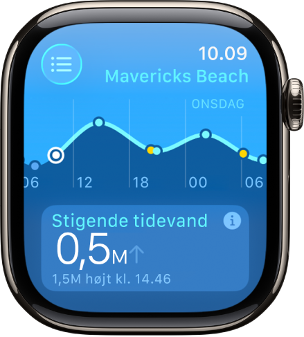 En skærm i appen Tidevand, der viser oplysninger om tidevand for en lokalitet.