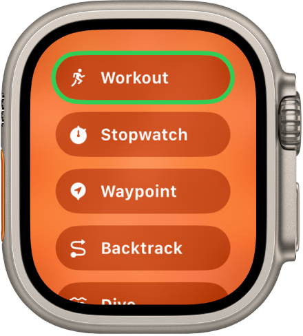 The Quick Switch screen showing the actions that can be assigned to the Action button, such as Workout, Stopwatch, Waypoint, and Backtrack.
