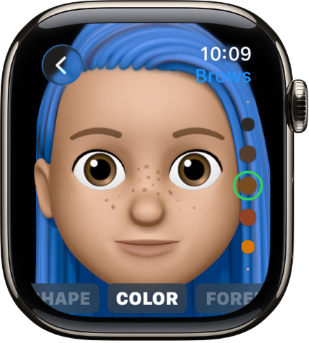 The Memoji app on Apple Watch showing the Nose editing screen. There’s a close up of the face, centered on the nose. The word Color appears at the bottom.