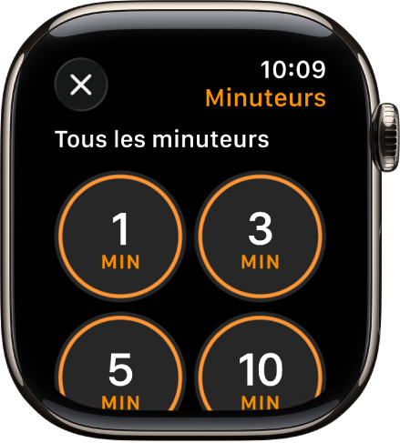 L’écran de l’app Minuteur, affichant le bouton Ajouter pour créer un minuteur, ainsi que des minuteurs prédéfinis de 1, 3, 5 ou 10 minutes.