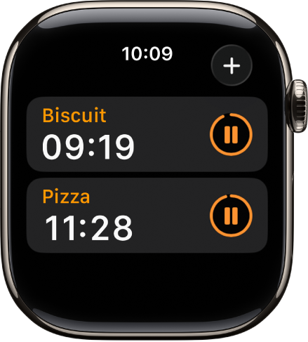 Deux minuteurs dans l’app Minuteurs. Chaque minuteur indique le temps restant sous son nom, ainsi qu’un bouton sur la droite permettant de mettre en pause le minuteur. Un bouton Ajouter se trouve en haut à droite.