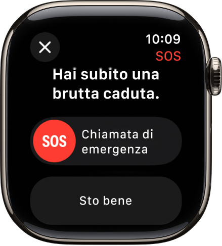 La schermata di Rilevamento cadute con il cursore SOS per avviare una chiamata di emergenza e il pulsante “Sto bene”.