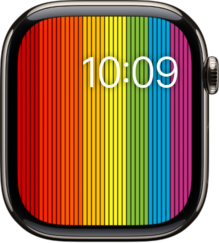 Immagine del quadrante “Pride digitale” con strisce verticali arcobaleno e la data e l’ora in alto a destra.