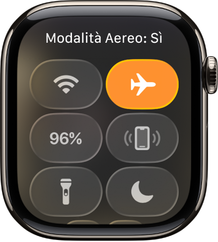Centro di Controllo con il pulsante modalità Aereo evidenziato per mostrare che la modalità Aereo è attiva.