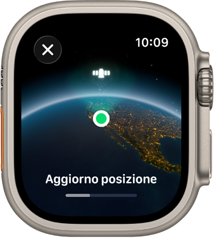 Una schermata con la scritta “Aggiorno posizione” con una barra di avanzamento e l’immagine della terra vista dallo spazio con un punto verde che indica la posizione.