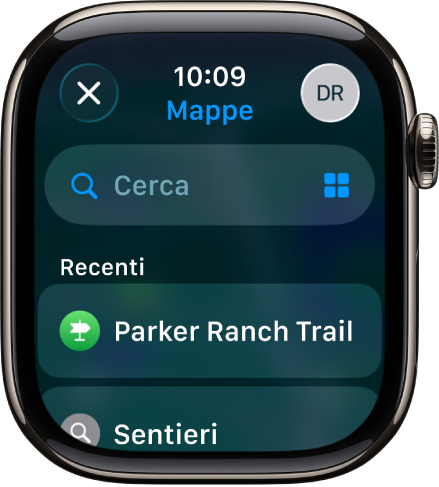La schermata Cerca nell’app Mappe, con il campo di ricerca in alto. Nella parte inferiore è visualizzato un elenco con le ricerche recenti.