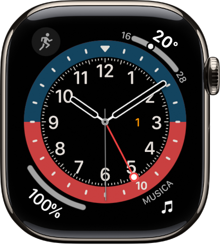 Il quadrante GMT, dove è possibile regolare il colore del quadrante. Sono mostrate quattro complicazioni: Allenamento, in alto a sinistra, Traduci, in alto a destra, Messaggi, in basso a sinistra, e Musica, in basso a destra.