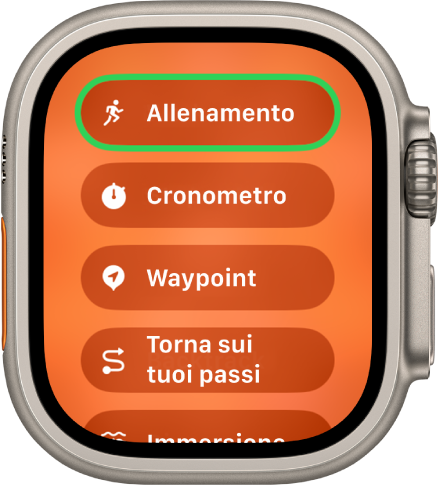La schermata di scambio rapido che mostra le azioni che possono essere assegnate al tasto Azione, come Allenamento, Cronometro, Waypoint e Torna sui tuoi passi.