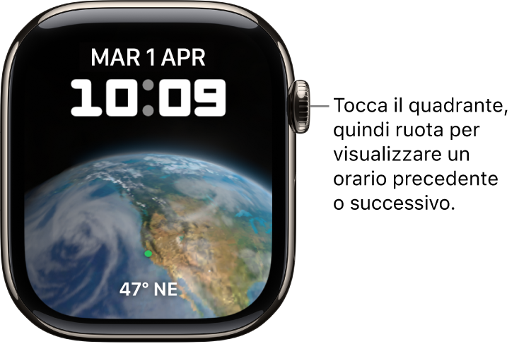 Il quadrante Astronomia con informazioni sul giorno, la data e l’ora attuale. In basso è presente la complicazione Timer. Tocca il quadrante, quindi ruota la Digital Crown per passare a un orario successivo o precedente.