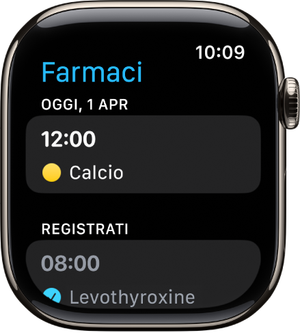 L’app Farmaci con un elenco di medicinali da assumere e registrati.