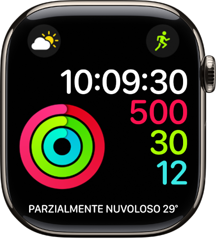 Il quadrante digitale di Attività mostra l’ora, così come i progressi degli obiettivi di Movimento, Esercizio e “In piedi”. Mostra anche altre tre complicazioni: Meteo, in alto a sinistra, Allenamento, in alto a destra, e “Condizioni meteo”, in basso.