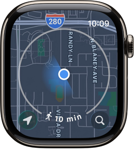 L’app Mappe con un cerchio tracciato intorno alla tua posizione attuale, il cui raggio rappresenta una distanza raggiungibile a piedi in sette minuti. Il pulsante Posizione si trova nella parte inferiore sinistra della schermata, mentre il pulsante Cerca è nella parte inferiore destra.