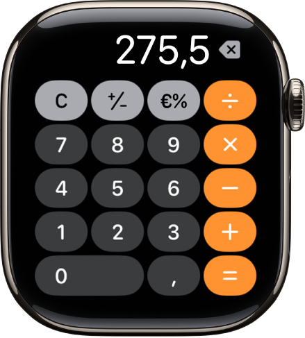 Apple Watch che mostra l’app Calcolatrice. La schermata mostra un tipico tastierino numerico con funzioni matematiche sulla destra. In alto, sono presenti la lettera C, i segni più o meno e i pulsanti per la mancia.
