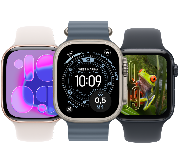 Zľava doprava sa zobrazujú Apple Watch s ciferníkom Prúd, Apple Watch Ultra s ciferníkom Bod na trase a Apple Watch s ciferníkom Fotky.