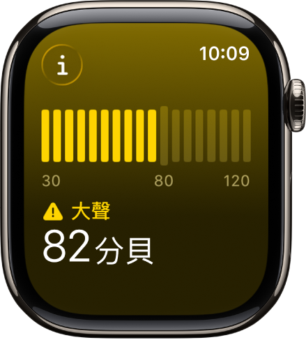 「噪音」App 顯示音量計以及 89 分貝音量,並在上方顯示「大聲」字樣。