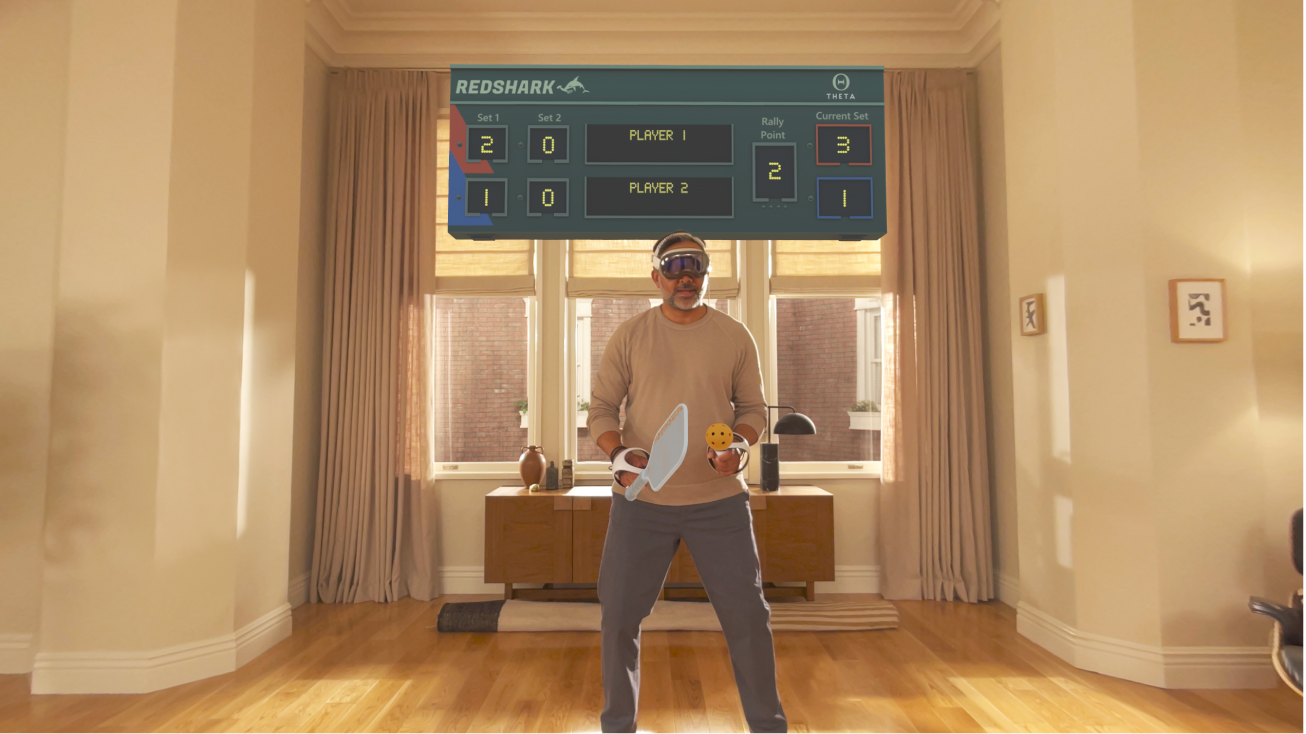 Personne jouant à un jeu dans Apple Arcade sur l’Apple Vision Pro avec une manette branchée.