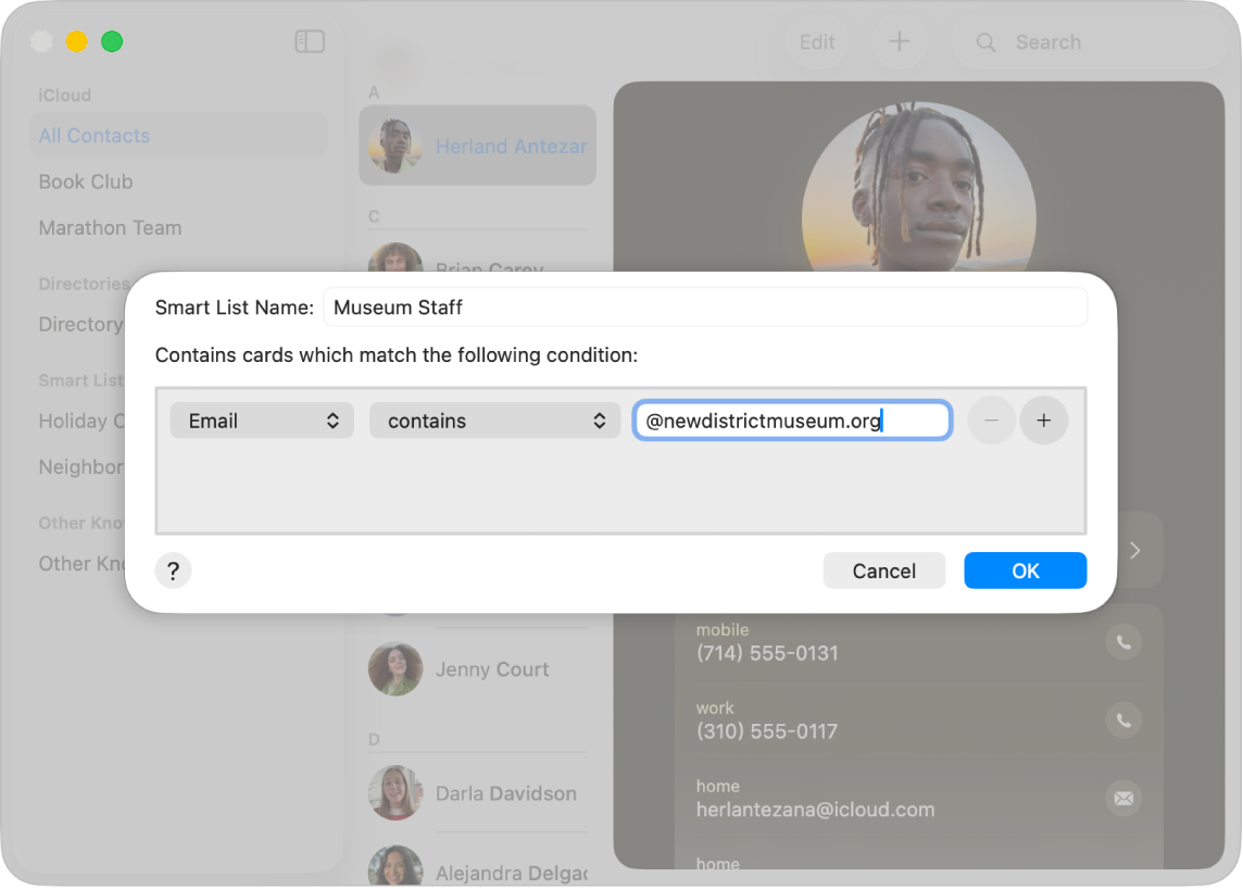 The dialogue for adding a Smart List, with three pop-up menus for adding criteria.