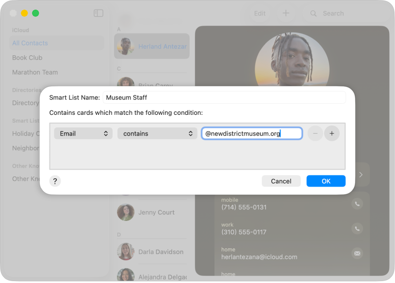 El cuadro de diálogo para agregar una lista inteligente, con una lista llamada Personal del museo que incluye contactos cuyos correos electrónicos contienen el dominio de correo electrónico de un museo.
