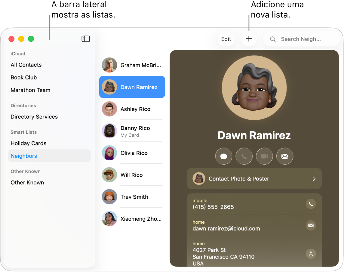 Janela do app Contatos mostrando a barra lateral com listas, como Clube do Livro, e um botão na parte superior de um cartão de contato para adicionar uma nova lista.