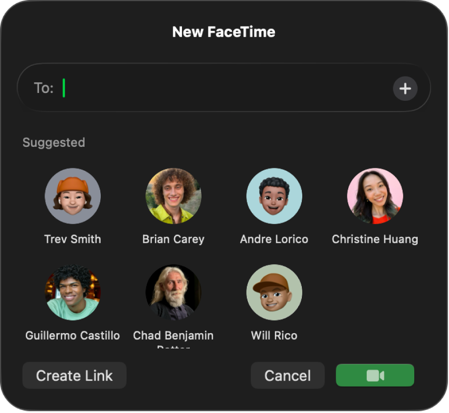 Vinduet Ny FaceTime, hvor du kan skrive deltagere direkte i feltet Til eller vælge på dem på listen Foreslået.