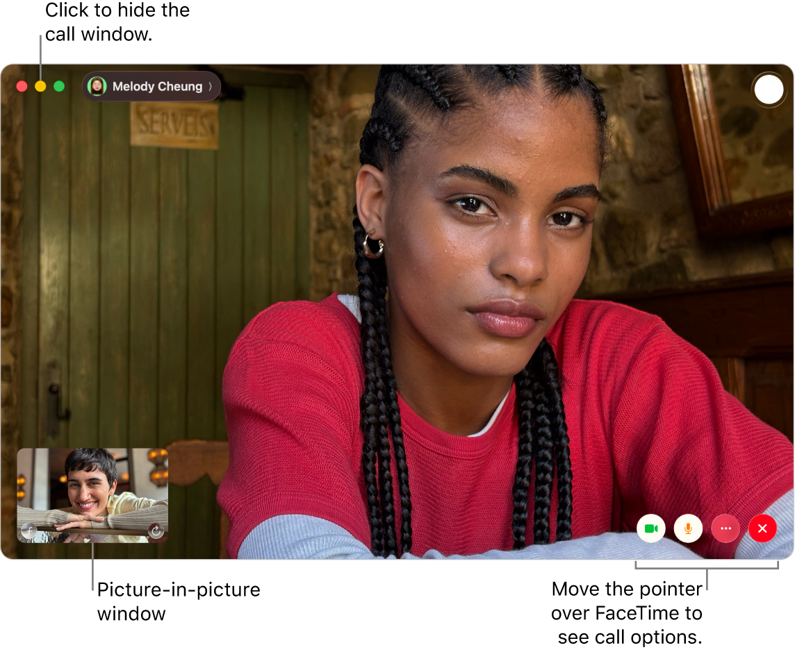 Move the pointer over the FaceTime window to see the Sidebar, Camera, Mute, Screen Share, End Call and Live Photo buttons. Click the middle button in the top-left corner to hide the call window. The picture-in-picture window appears in the bottom-left corner.