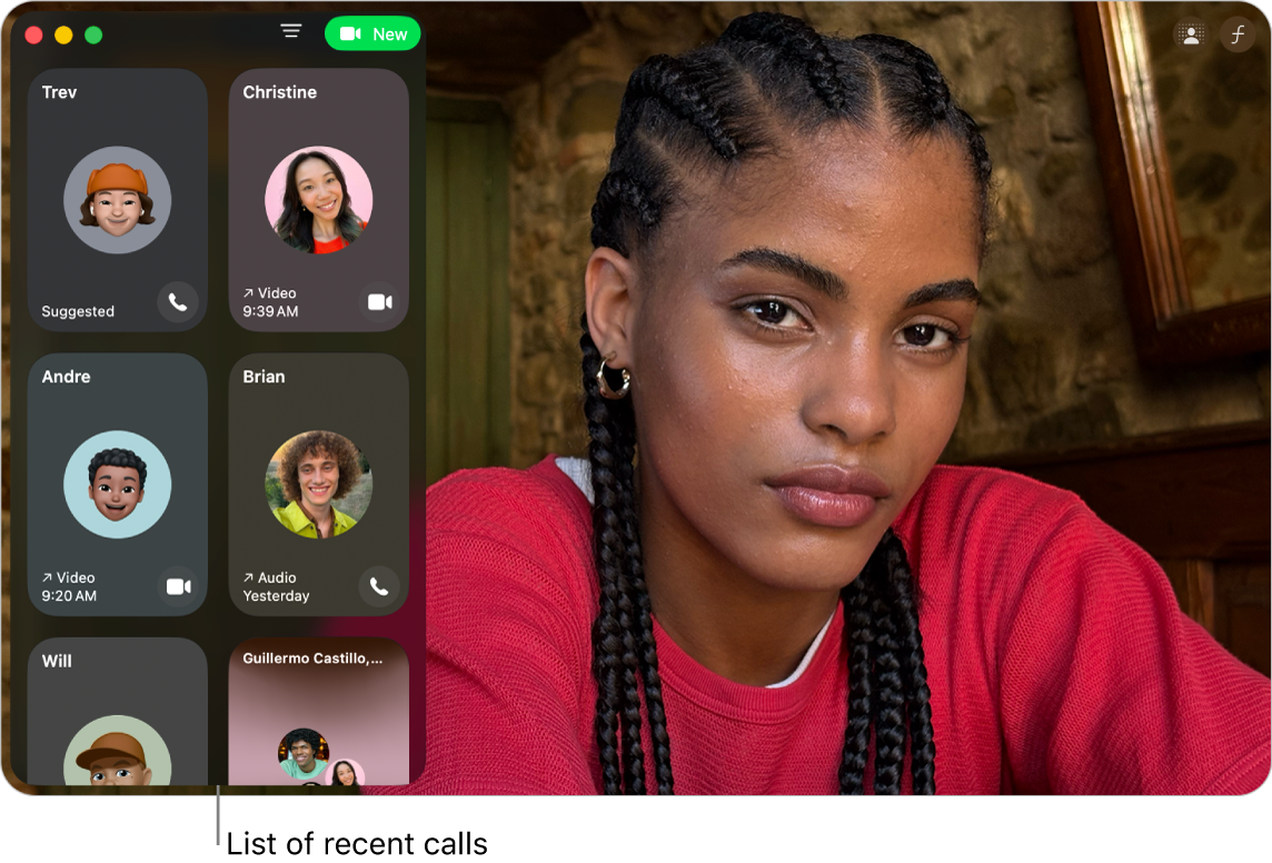 A FaceTime window showing the list of recent callers on the left.