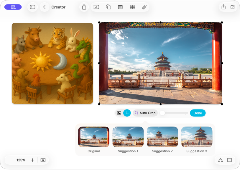 A Freeform app két Apple Creator Studio-funkcióval: Kép generálása és Automatikus körbevágás.