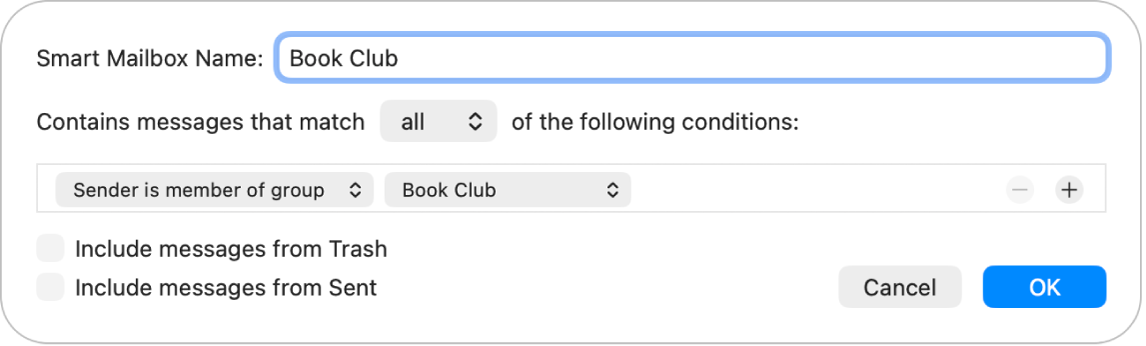 The Smart Mailbox window showing criteria for a group named “Book club”. The group has two conditions. The first condition is “Sender is member of group”. The second condition is “Book club”.