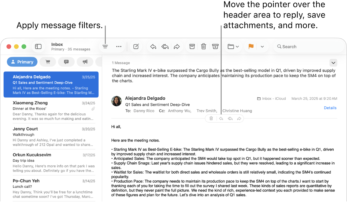 The Mail window. Click the Filter button in the toolbar to apply message filters. To reveal buttons for replying, saving attachments, and more, move the pointer over the header area of a message.