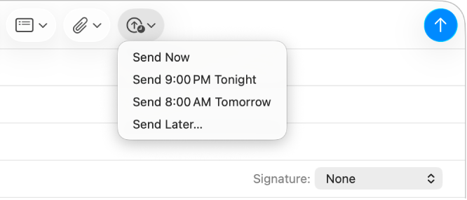 En la ventana del mensaje se encuentra un menú que muestra tres opciones para enviar un correo: Enviar ahora, Enviar esta noche a las 9:00 p.m., Enviar mañana a las 8:00 a.m. y Enviar más tarde.