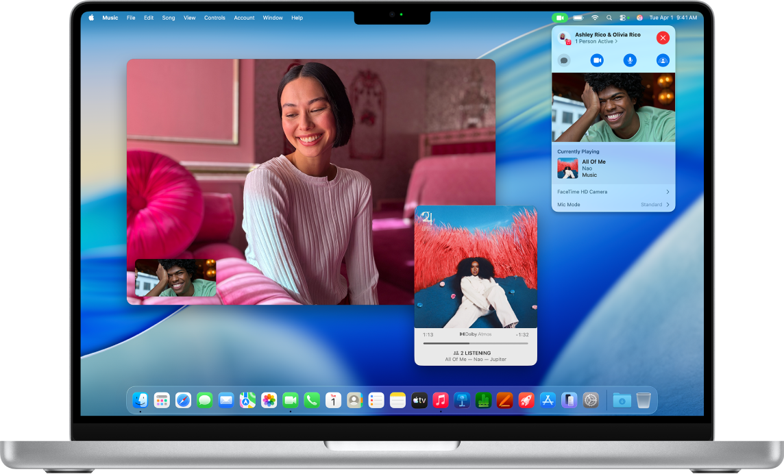 Das FaceTime-Fenster zeigt einen Anruf mit teilnehmenden Personen, die SharePlay zum gemeinsamen Anhören eines Albums verwenden.