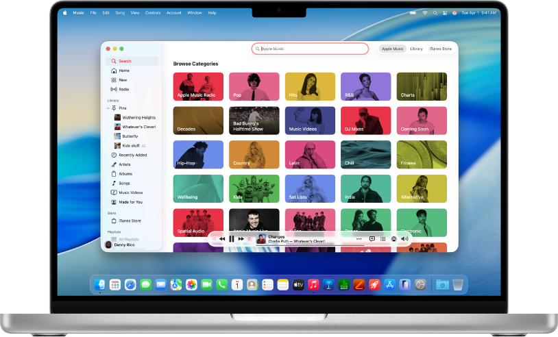 Das Apple Music-Fenster mit dem Suchfeld und den Kacheln der Kategorien.