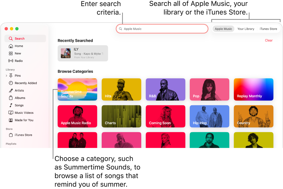 The Apple Music window showing the search fields, the list of categories in the centre of the window, and Apple Music, Your Library and iTunes Store available in the top-right corner. Enter search criteria in the search field, then choose to search all of Apple Music, just your library or the iTunes Store.